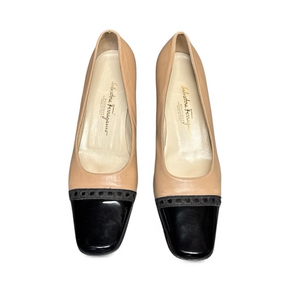 Salvatore Ferragamo VTG Square Toe Block Heel Pumps Tan Patent Leather Size 9B - Picture 3 of 17